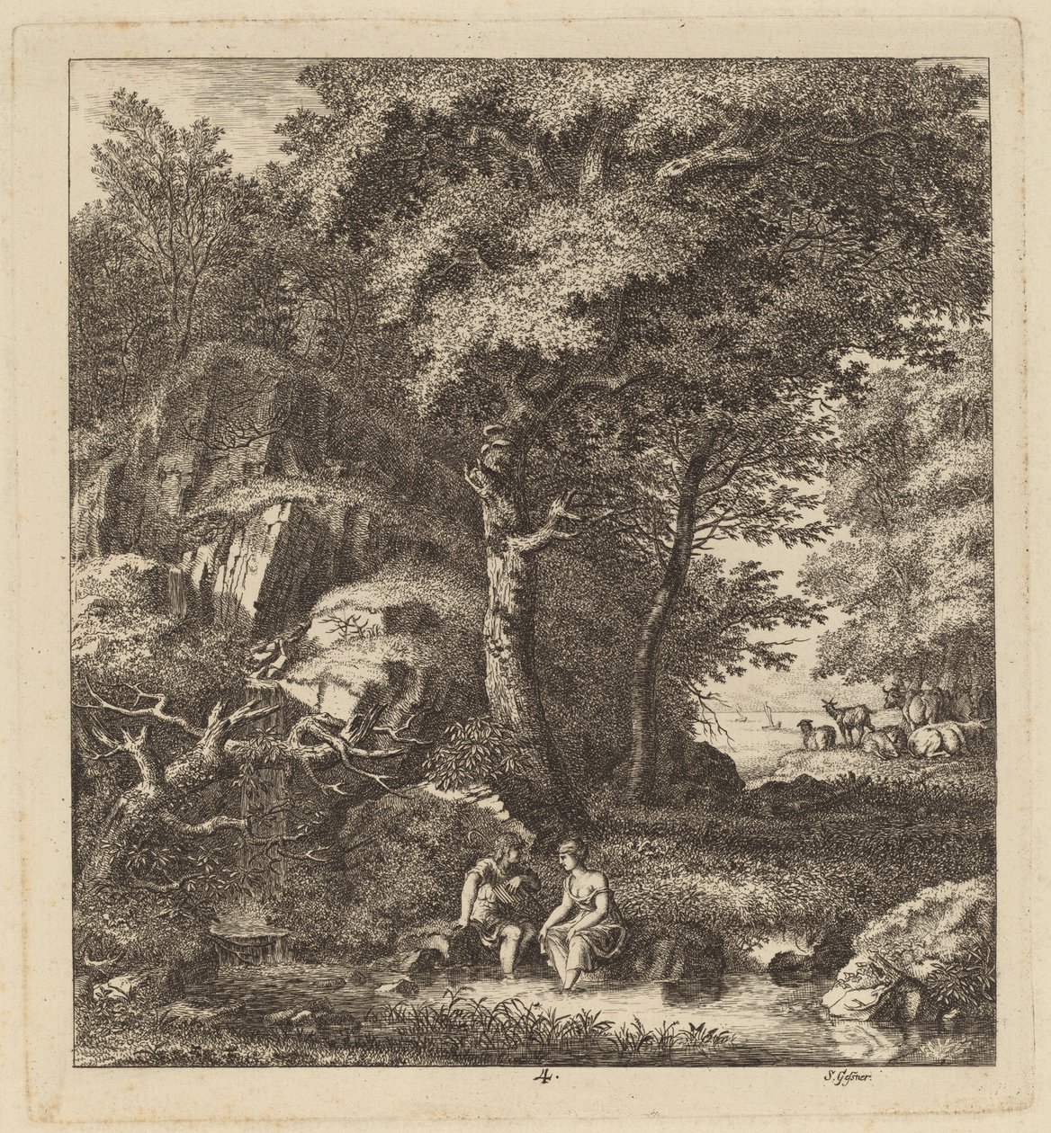 Pastýř a mladá žena s nohama v potoce, 1764. od Salomon Gessner