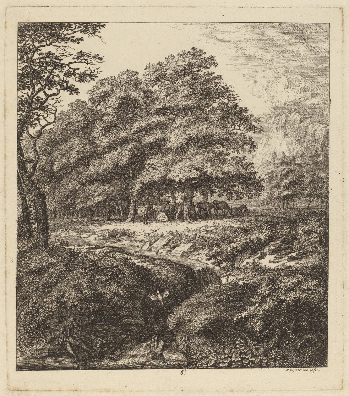 Dobytek odpočívá v háji s mužem sedícím vedle potoka, 1764. od Salomon Gessner