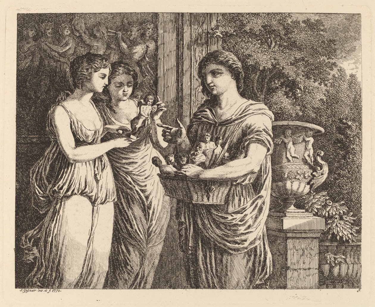 Prodavač figurín se dvěma dívkami, 1770. od Salomon Gessner