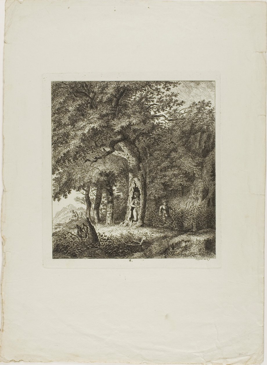 Nymfa schovávající se na stromě, osmý talíř z knihy Paysages Dédiés à M. Warelet od Salomon Gessner