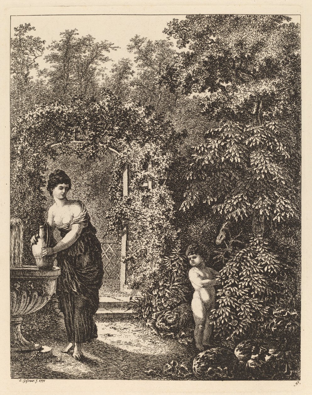 Putto na návštěvě dívky u fontány, 1771. od Salomon Gessner