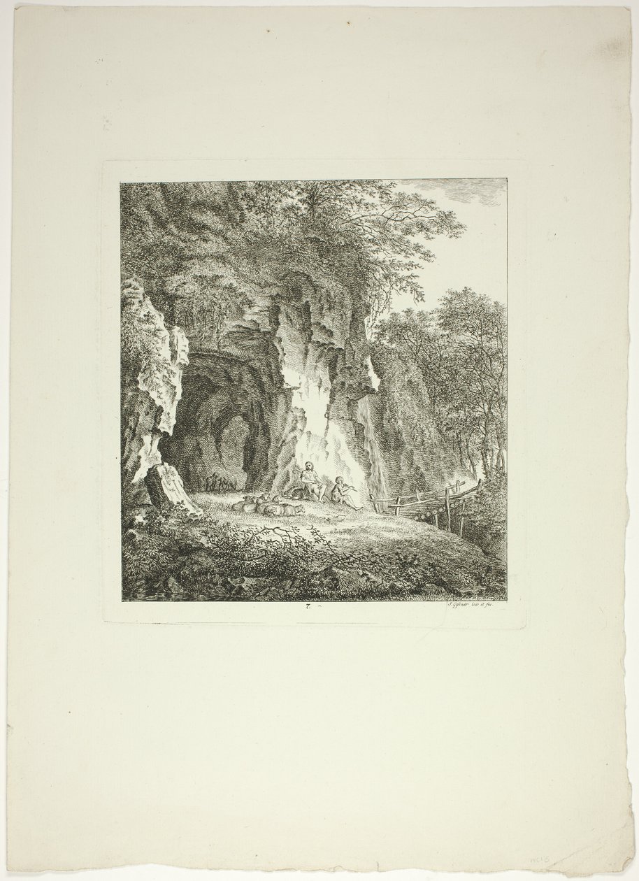 Pastýři a ovce odpočívající pod mostem, sedmý talíř z knihy Paysages Dédiés à M. Warelet od Salomon Gessner