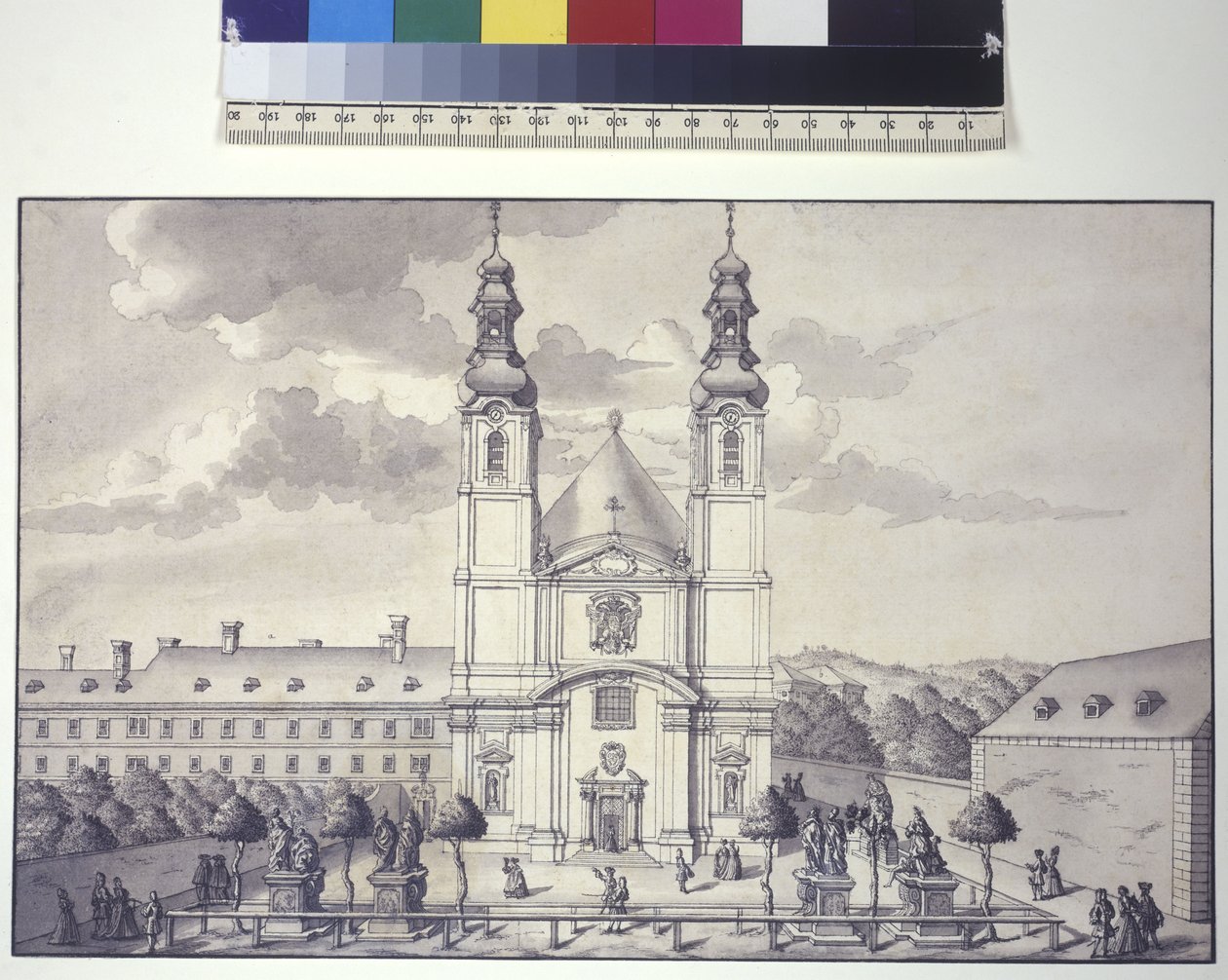 Celá strana: pohled na servítský kostel na předměstí Rossau (kresba perem a tuší) od Salomon Kleiner