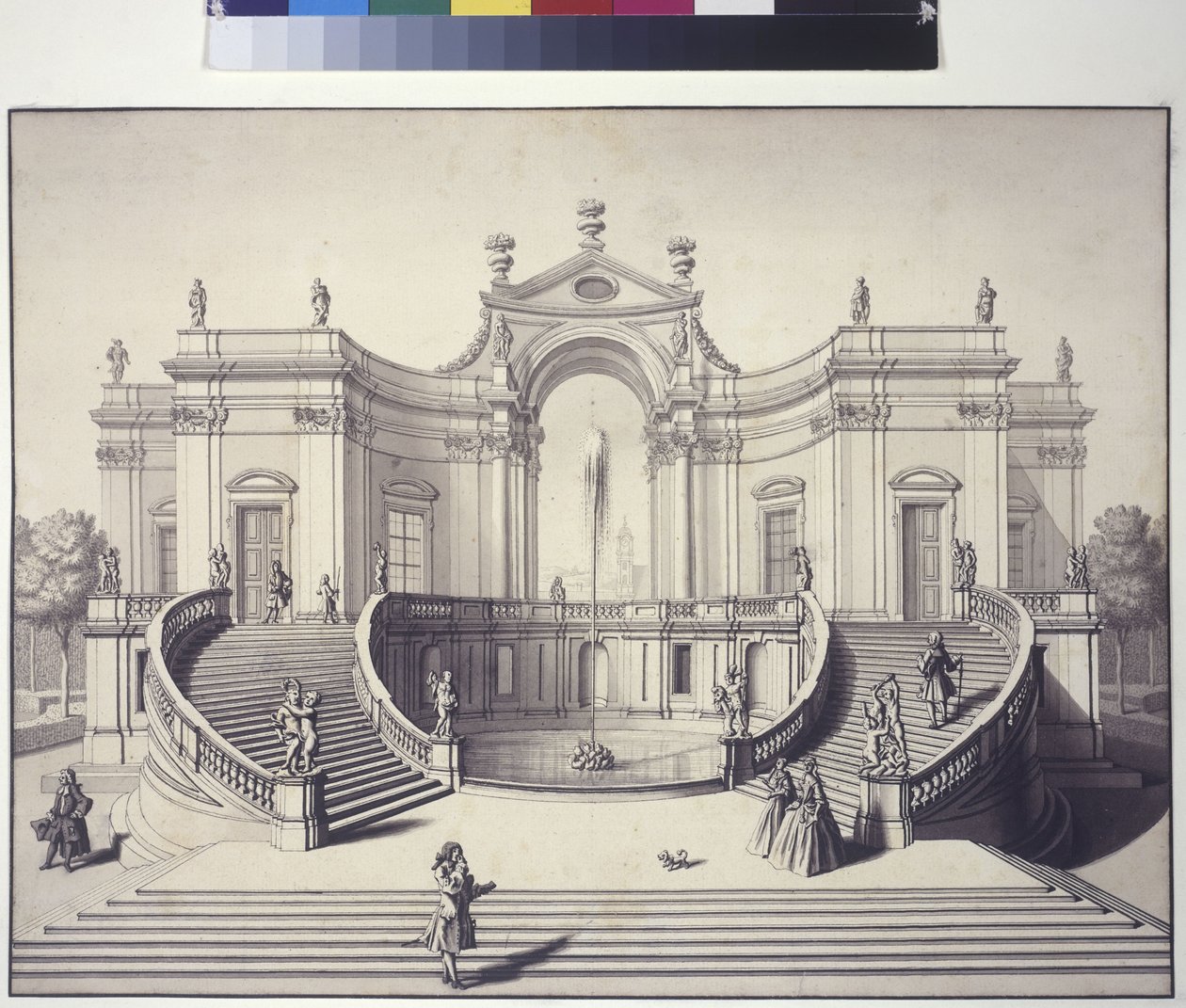 Celá strana: zahradní palác v zahradách Lichtenštejnského paláce, Rossau, Vídeň (kresba perem a tuší) od Salomon Kleiner