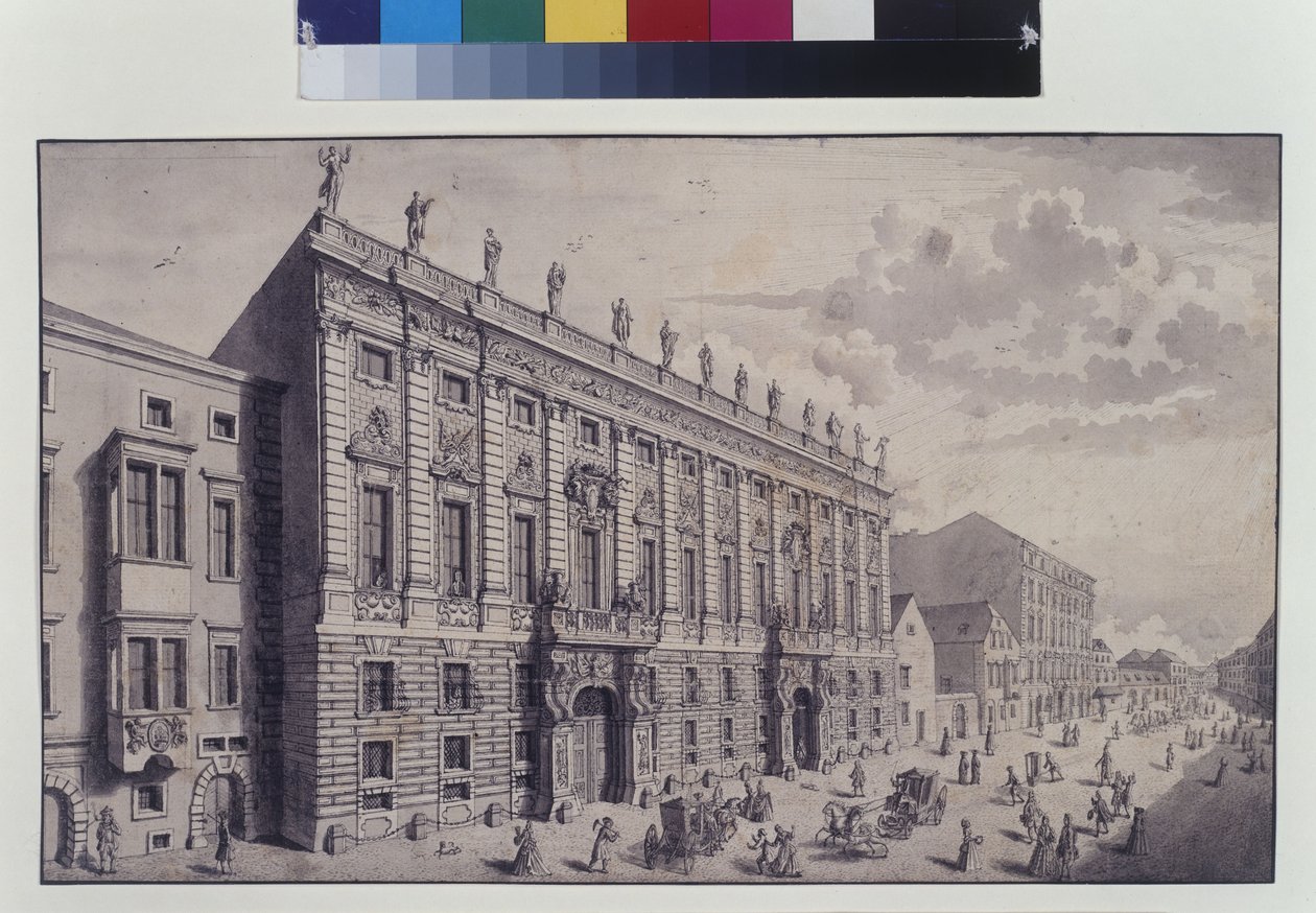 Celá strana: šikmý pohled na městský palác prince Evžena Savojského v Himmelpfortgasse (pero, štětec a tuš) od Salomon Kleiner