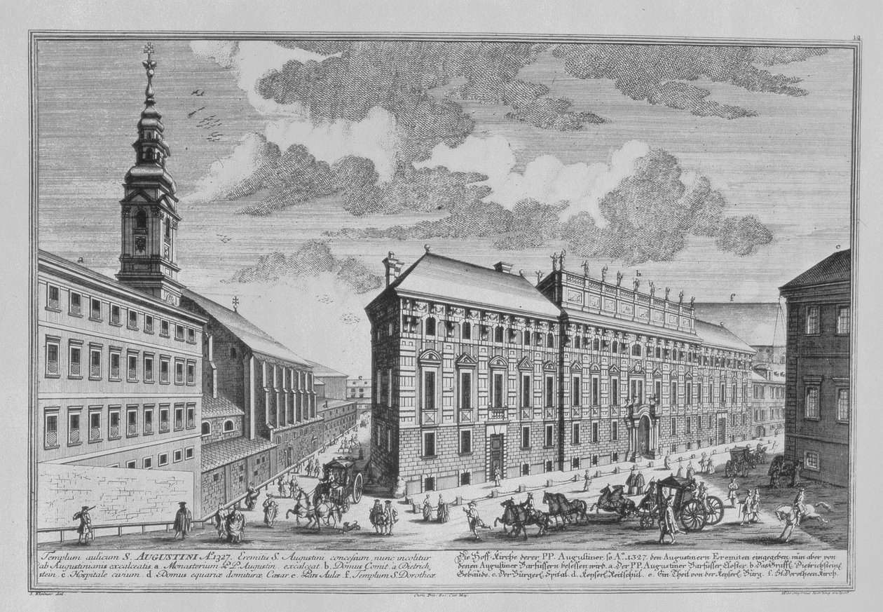 Pohled na Dorotheergasse ukazující Stallburg a klášterní kostel Dorotheum vyrytý Hieronymem Sperlingem (1695-1777) od Salomon Kleiner