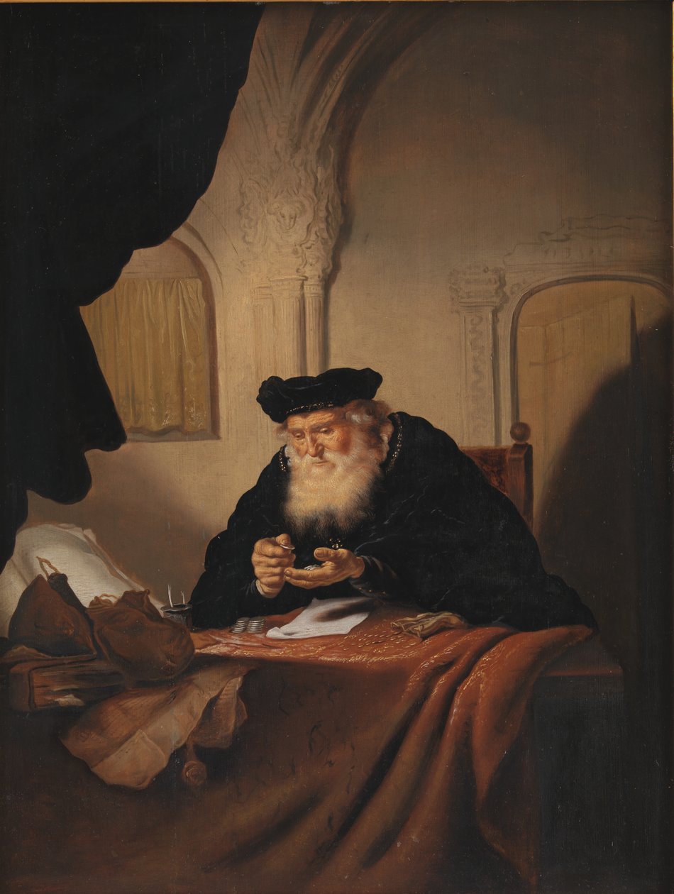 Starý muž počítání peněz od Salomon Koninck