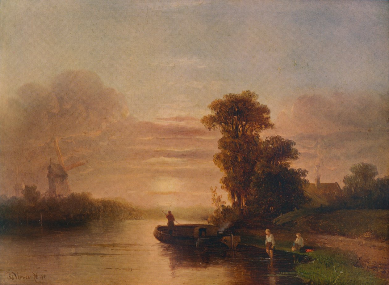 Západ slunce na řece, s větrným mlýnem a chalupou, 1848, 1938 od Salomon Leonardus Verveer