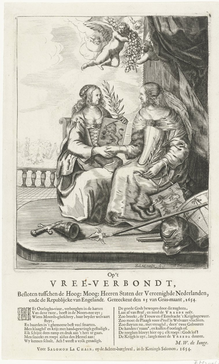 Fráze k Westminsterskému míru, 1654 Na Vree-Verbondt, uzavřeno mezi High: Moog: Heeren Staten der Vereenighde Nederland, ende Republikcke van Englandt. Geteeckent den 15 van Gras-maant, 1654 (název na objektu) od Salomon Pietersz. Lachair