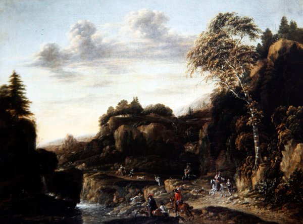 Zalesněná krajina s lovem jelenů u řeky, asi 1690 (olej na plátně) od Salomon Rombouts