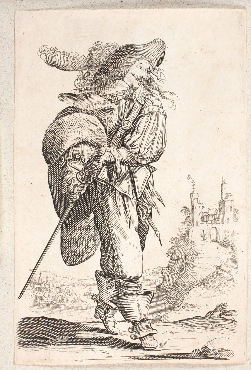Kráčející muž, tříčtvrteční profil r., uchopující snop za bok. V pozadí hrad od Salomon Savery
