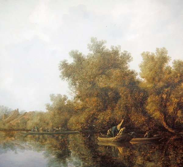 Říční krajina s rybáři ve veslařských člunech zvedajícími úlovek (olej na desce) od Salomon van Ruisdael or Ruysdael