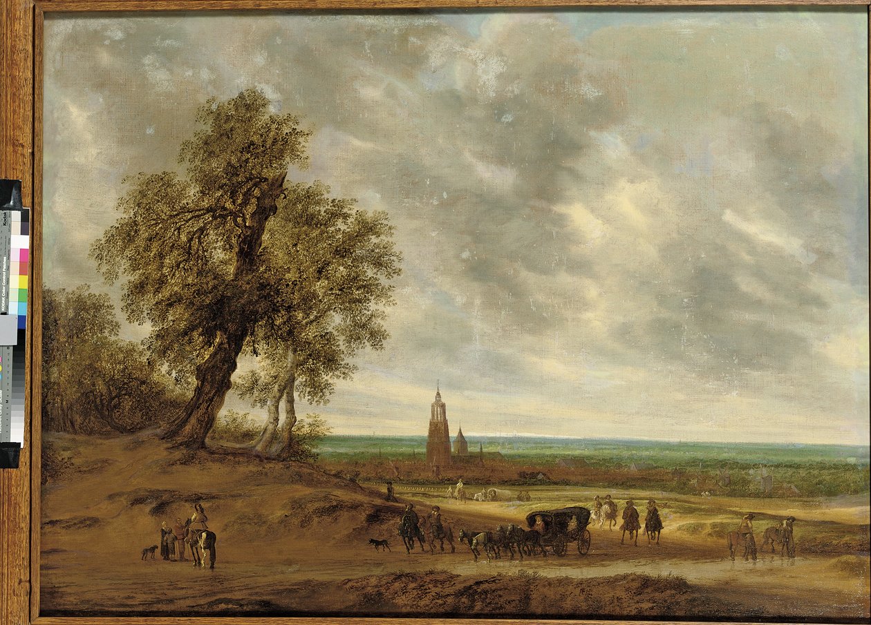 Panoramatická krajina s cestovateli na cestě, město Amersfoort za ním, 1634 od Salomon van Ruisdael or Ruysdael
