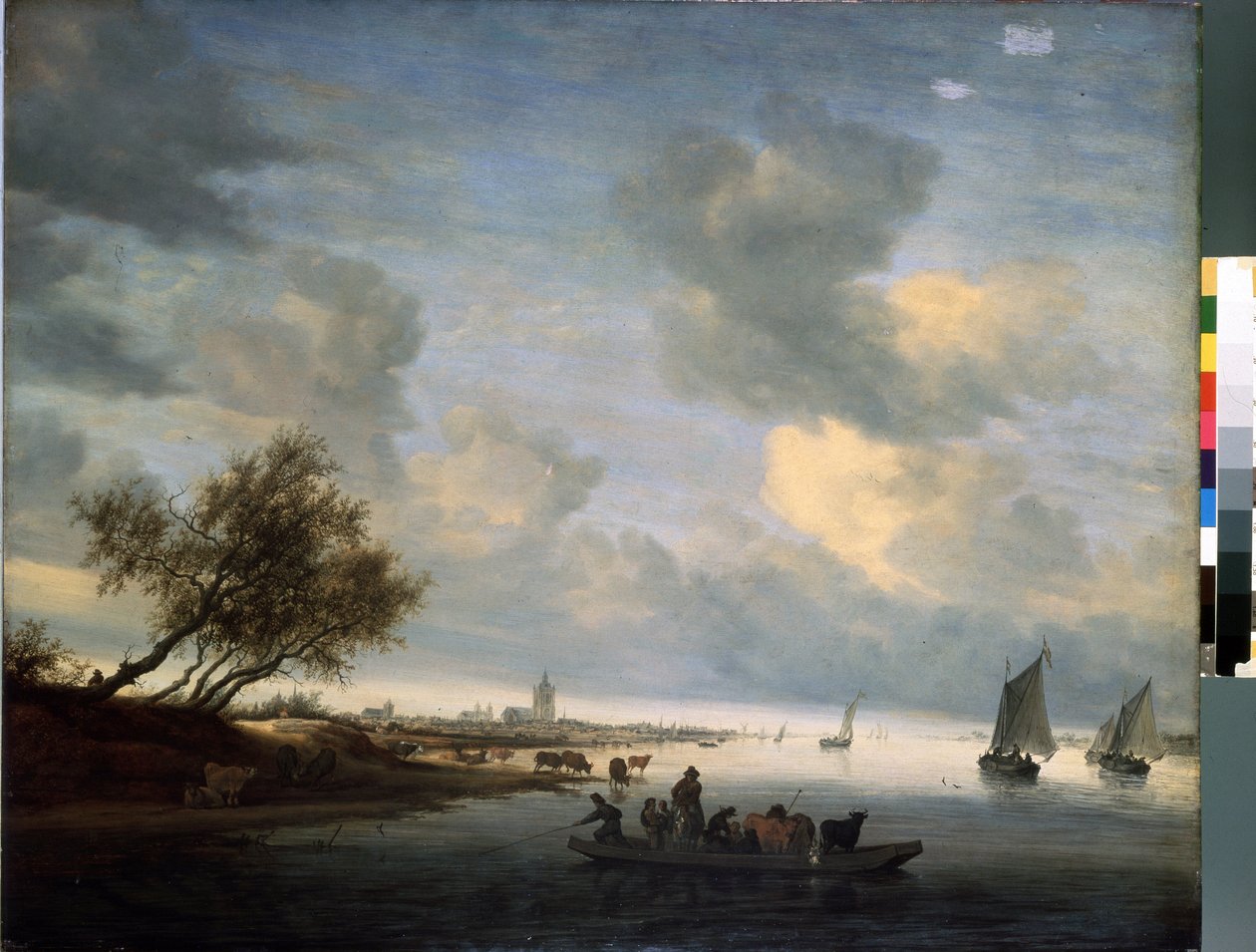 Ferry a Arnhem (Ferry at Arnhem) (Pays Bas). Peinture de Salomon Jacobsz (Jacob) Van Ruysdael (Ruisdael) (1600 nebo 1603-1670). Huile sur bois, 89 x 116 cm od Salomon van Ruisdael or Ruysdael