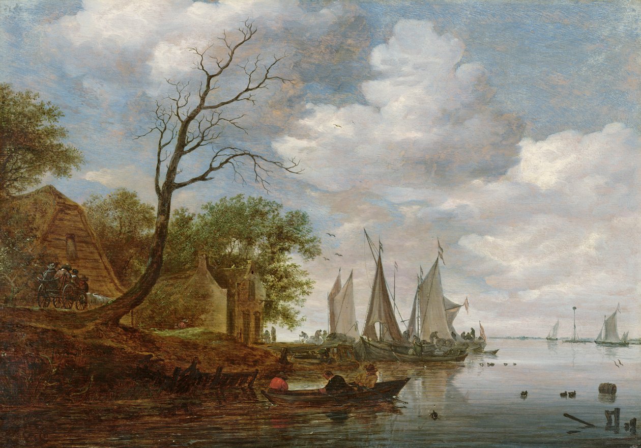 Říční scéna s vykládáním plachetnic na pobřeží (olej na panelu) od Salomon van Ruisdael or Ruysdael