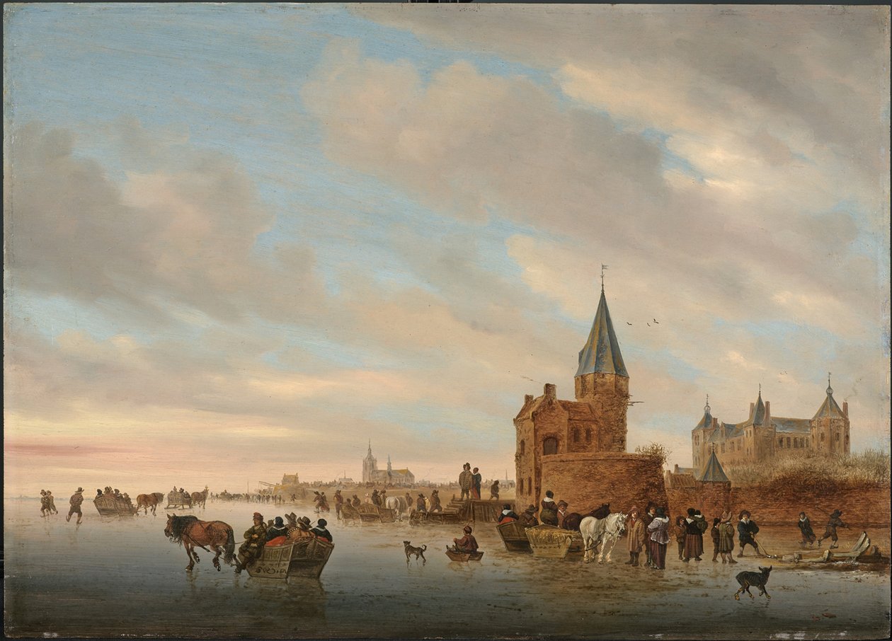 Zimní krajina s ledovými radovánkami před Capricciem z města Arnheim, 1652 od Salomon van Ruisdael or Ruysdael