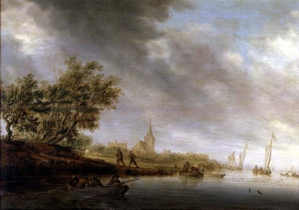 Zalesněná říční krajina s čluny od Salomon van Ruisdael or Ruysdael