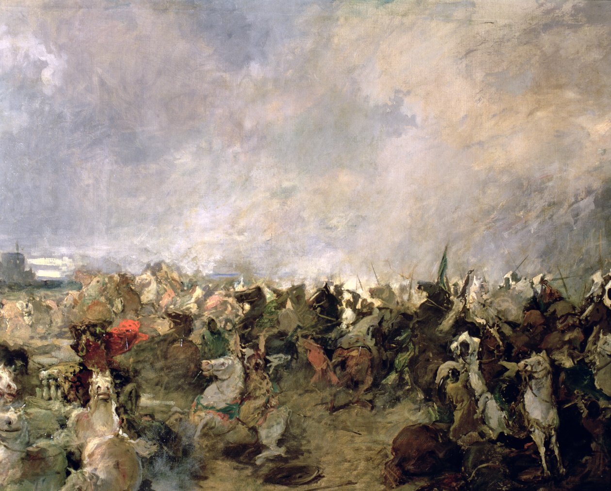 Bitva u Guadalete detail útěku Gótů před velením krále Roderica za přítomnosti muslimské jízdy Tarika Ibn Ziyada, 711 n. l. (olej na plátně) (detail) od Salvador Martinez Cubells