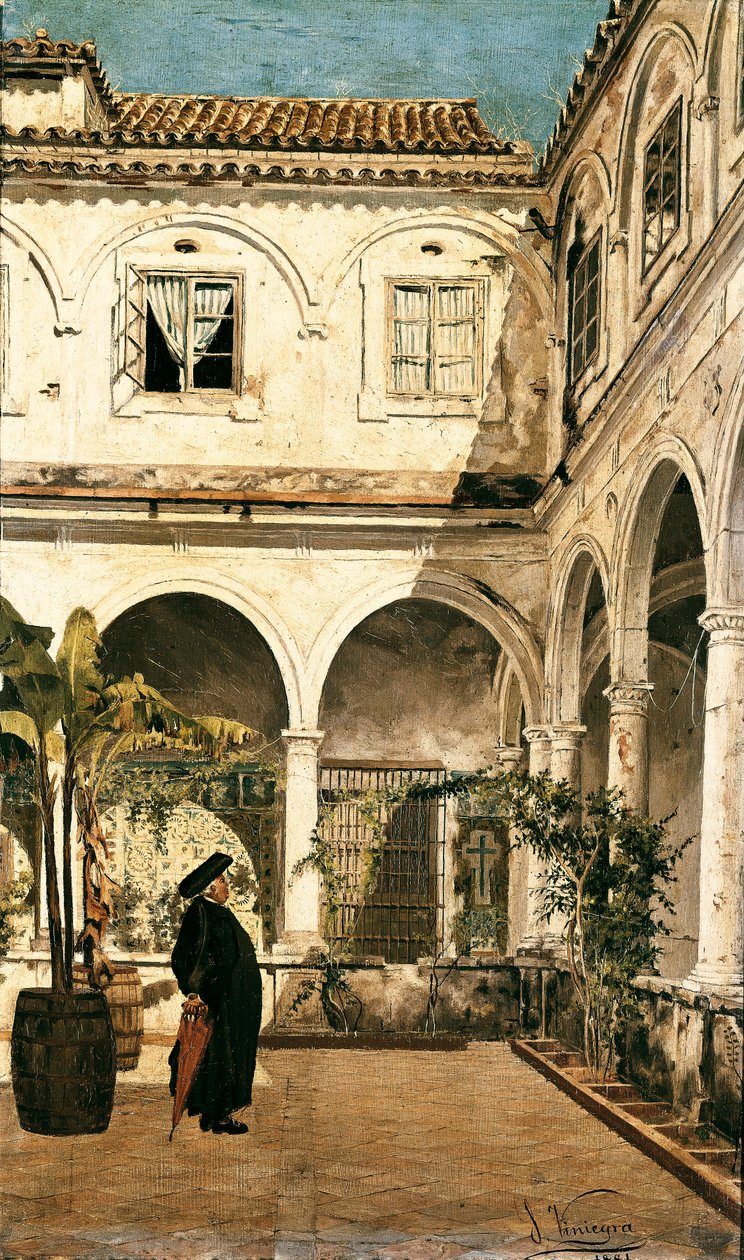 "" Otec Salabot v ambitu kláštera Saint Francois z Cádizu (Cadiz) "" Obraz Salvadora Viniegra y Lasso (1862-1915) 1881 Cádiz. Muzeum v Cádizu. Španělsko od Salvador Viniegra y Lasso de la Vega