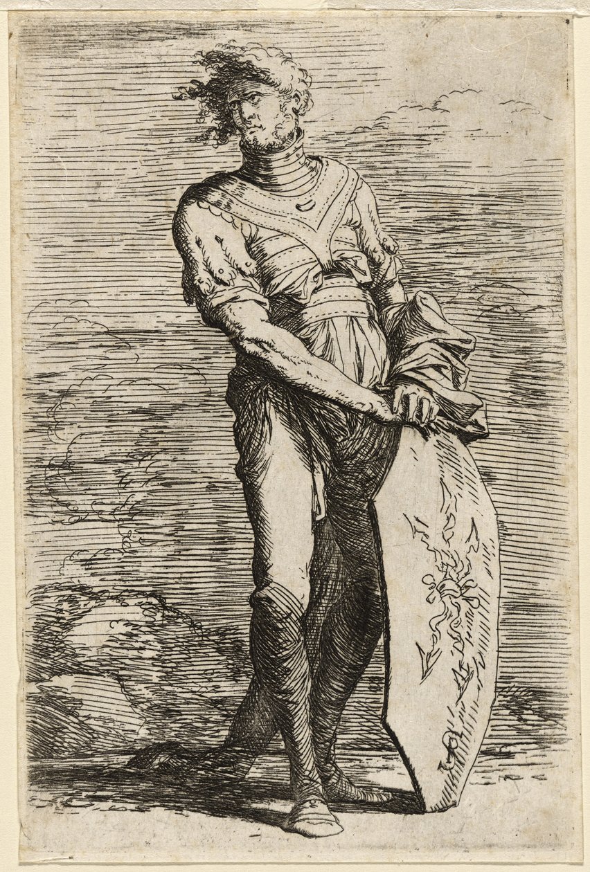 Stojící válečník držící prodloužený osmihranný štít, kolem 1656-57 (lept na položený papír) od Salvator Rosa