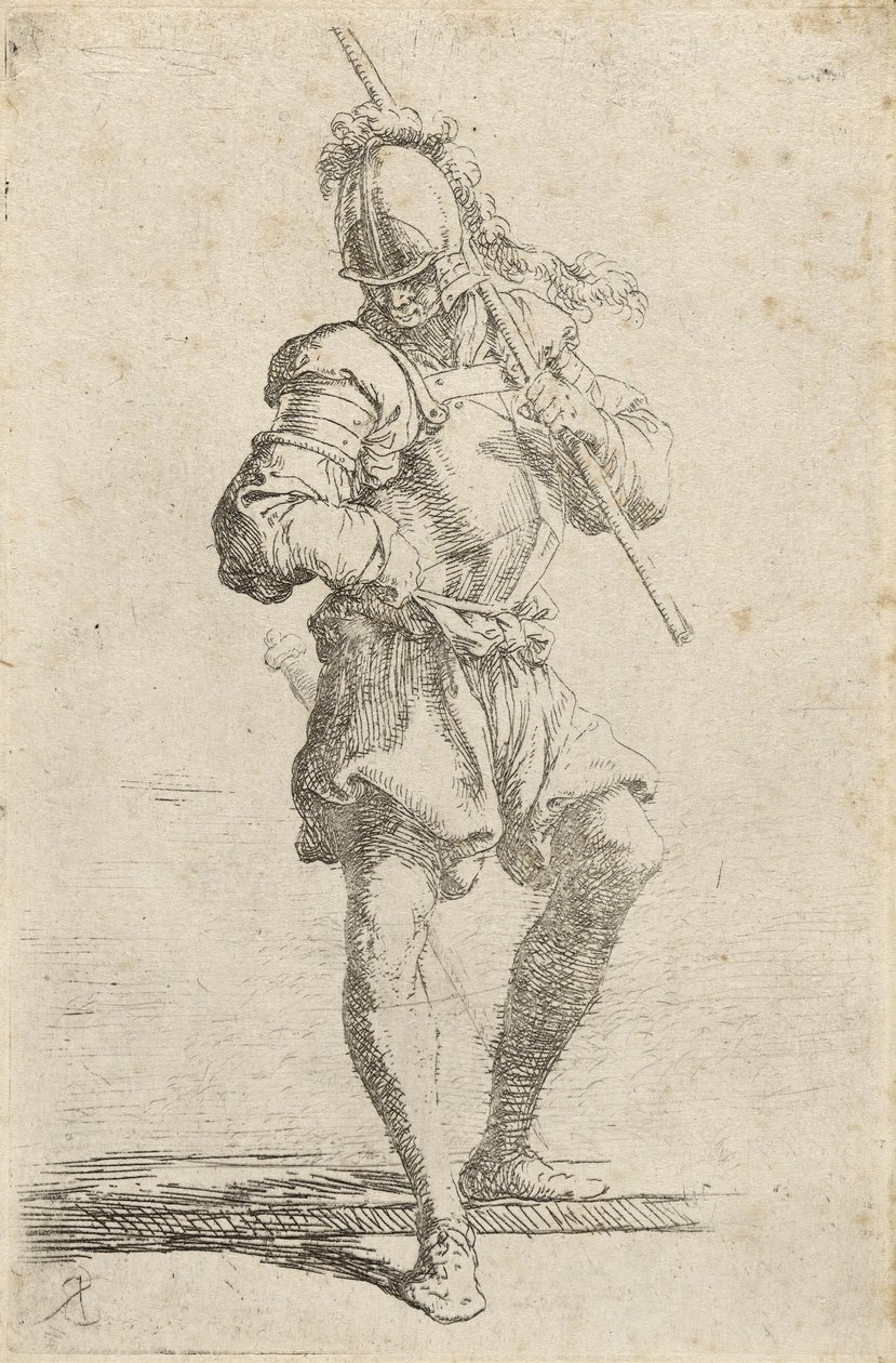 Válečník, držící hůl přes rameno a sestupující z nízké římsy, kolem 1656-57 (lept suchou jehlou na položený papír) od Salvator Rosa