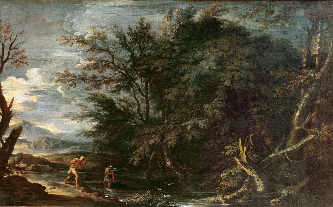 Krajina s Merkurem a nepoctivým Woodmanem, kolem roku 1650 od Salvator Rosa