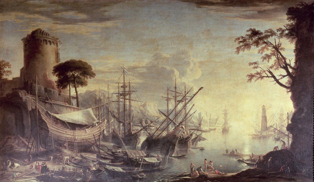 Přístav při západu slunce od Salvator Rosa