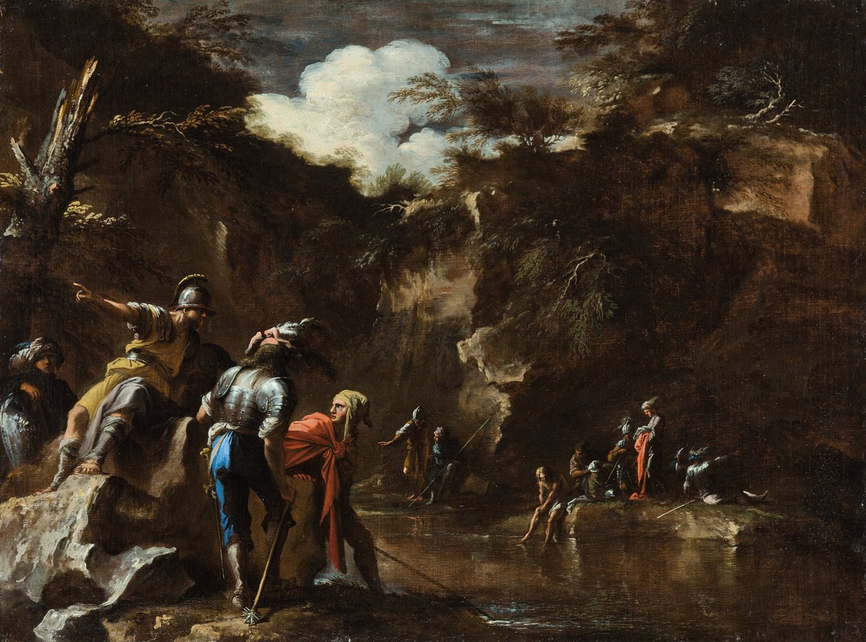 Scéna z řecké historie- Thales způsobující, že řeka teče po obou stranách lydské armády od Salvator Rosa