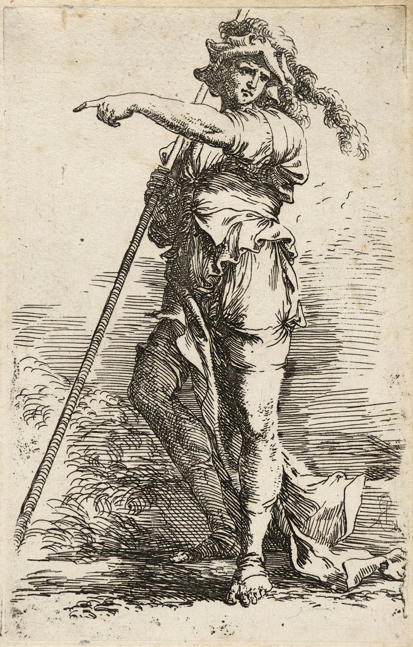 Stojící válečník, držící dlouhou hůl přes rameno a ukazující, kolem 1656-57 (lept suchou jehlou na položený papír) od Salvator Rosa