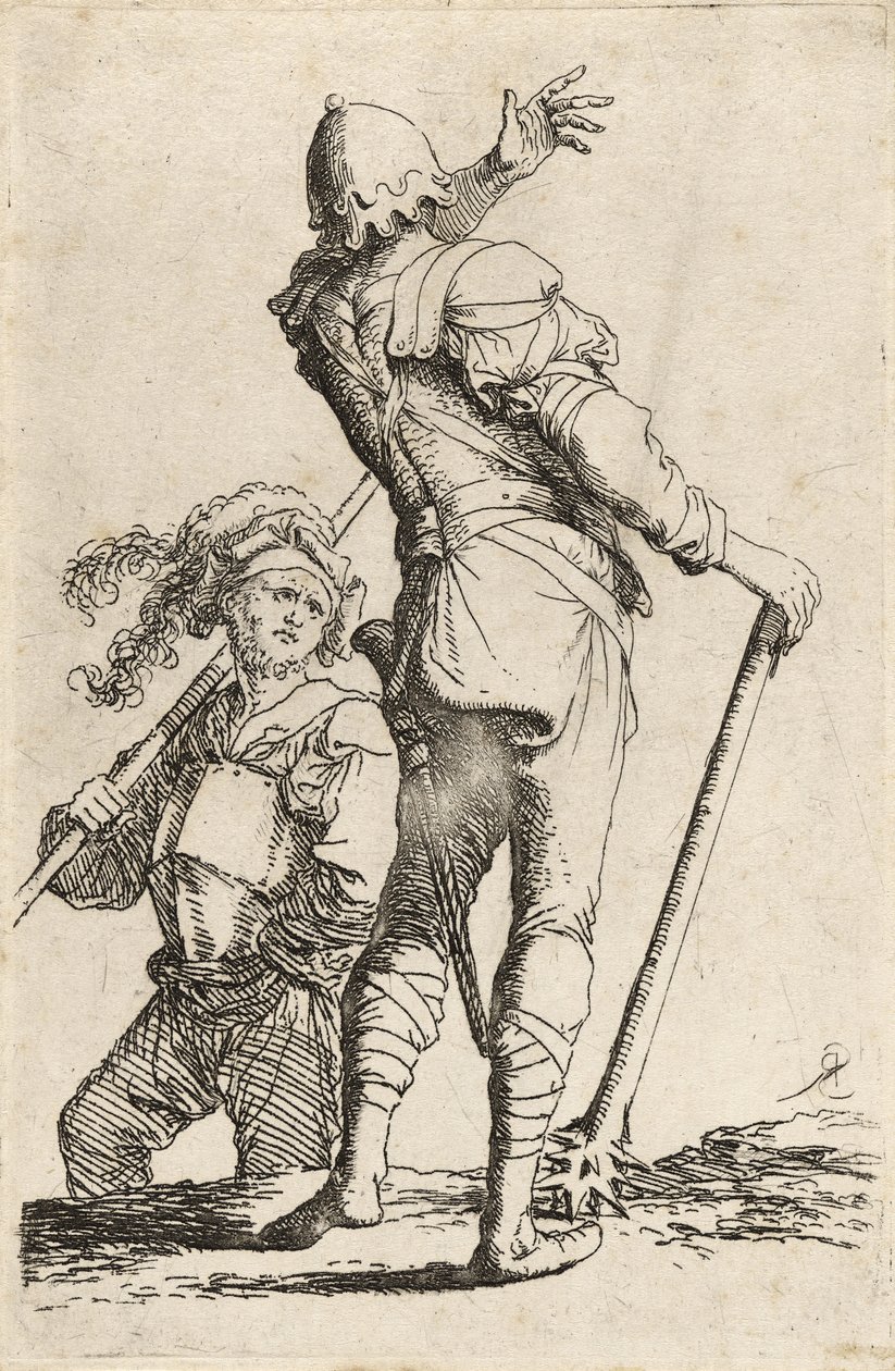 Dva válečníci, jeden drží palcát a otáčí se, aby kývl na druhého, kolem 1656-57 (lept suchou jehlou na položený papír) od Salvator Rosa