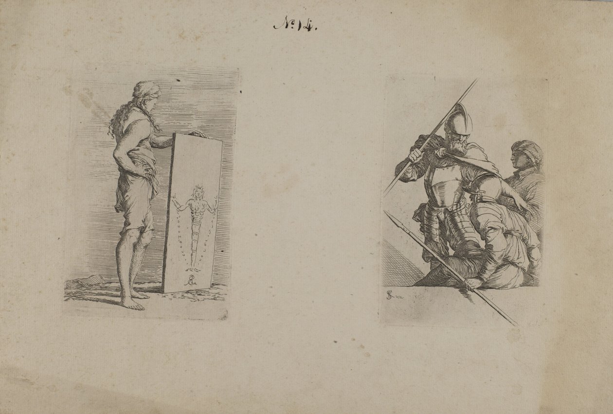 (Série figurek) Dlouhovlasý muž držící ceduli od Salvator Rosa