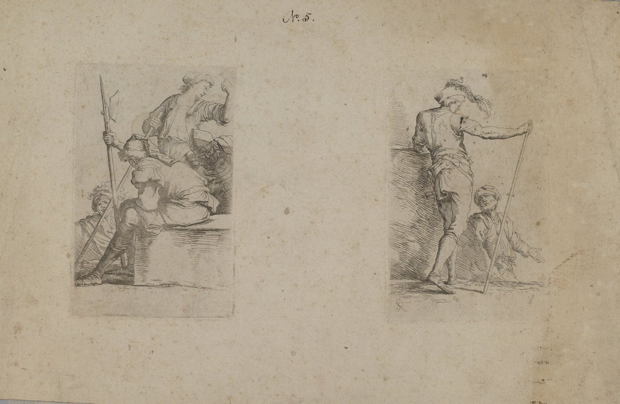 (Série figurek) Sedící muž, pohled zezadu, drží sekeru od Salvator Rosa
