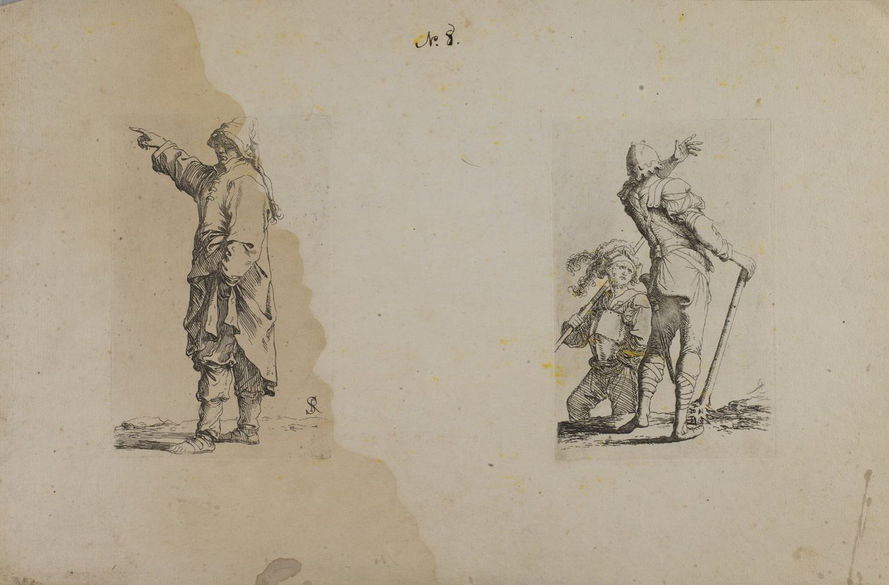 (Série figurek) Stojící muž s dlouhým kloboukem, ukazující prstem od Salvator Rosa