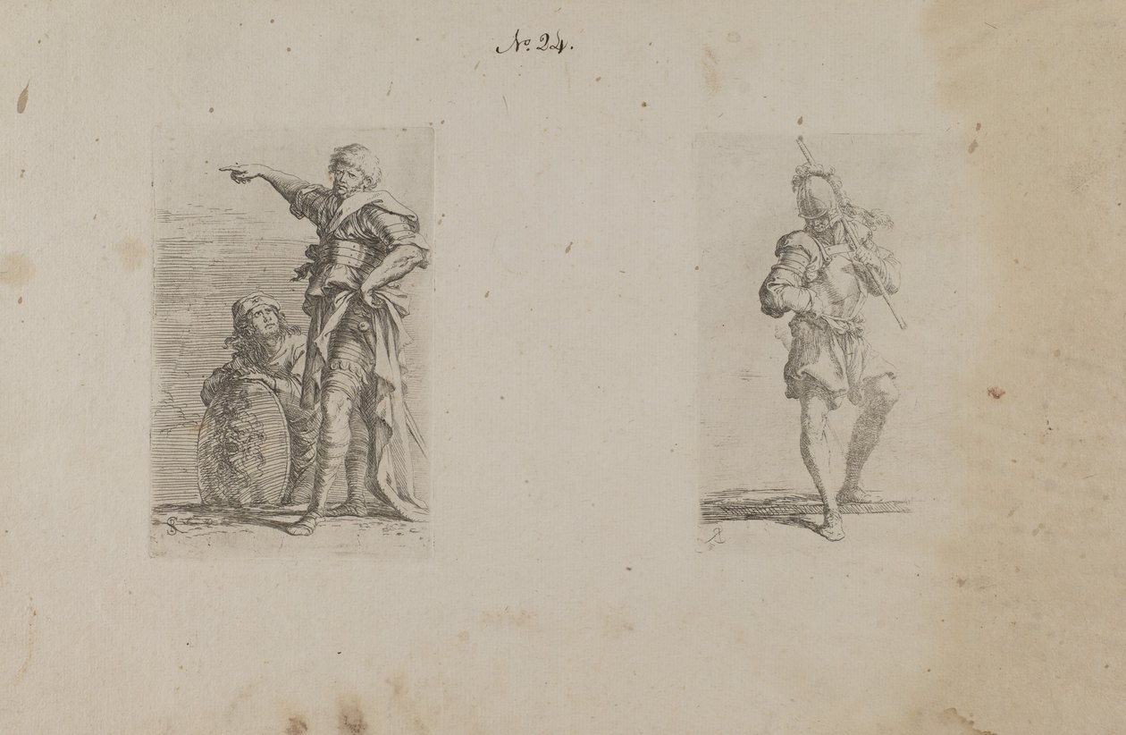 (Série figurek) Dva muži, jeden ukazuje doleva, druhý klečí od Salvator Rosa