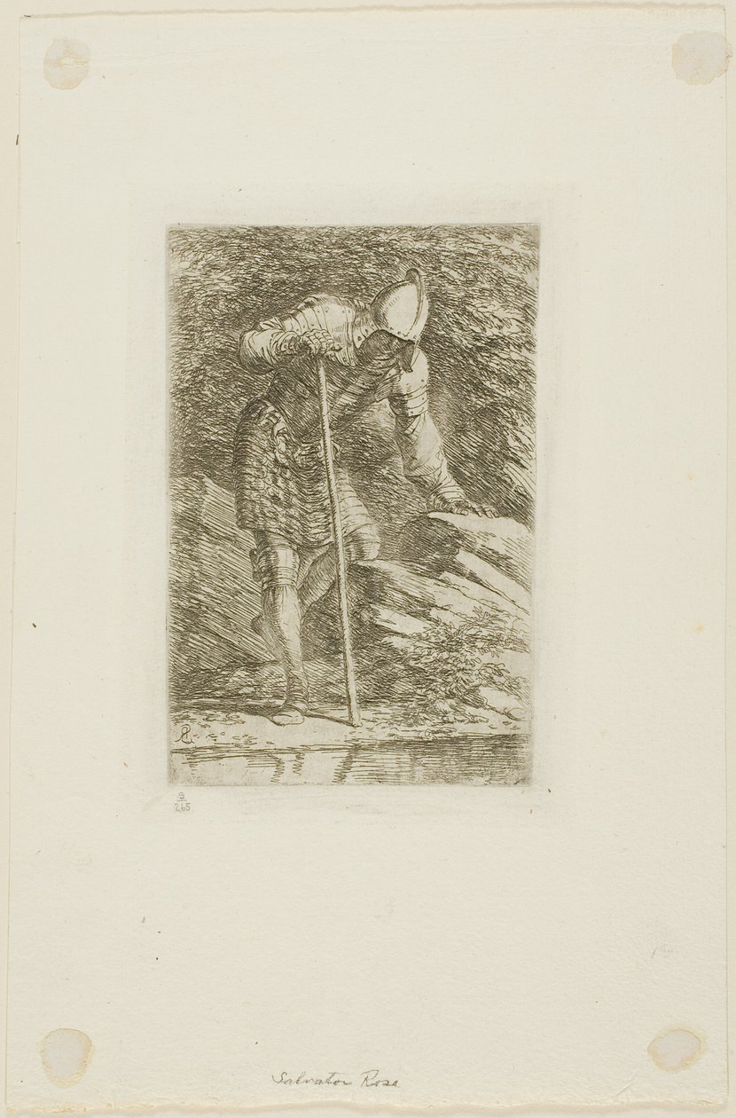 Válečník v plné zbroji v jeskyni od Salvator Rosa