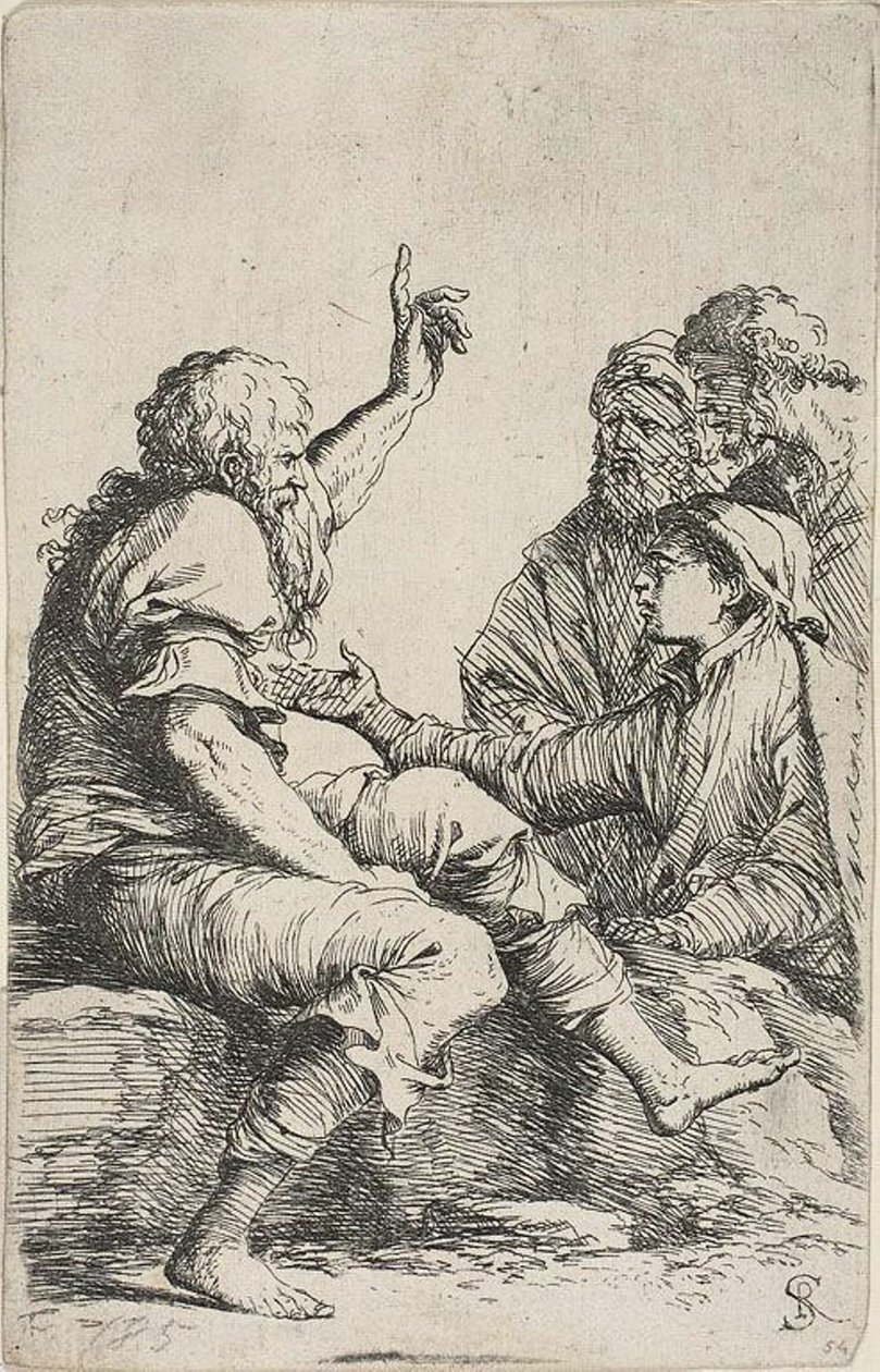Vousatý stařec sedící na skále a kývnoucím gestem na tři muže naproti němu, ze série Figurka od Salvator Rosa