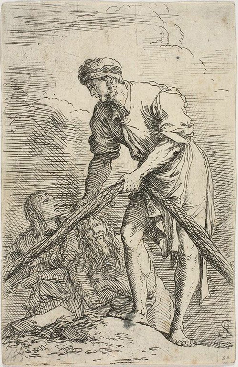 Muž táhnoucí síť se dvěma postavami za ním ze série Figurka od Salvator Rosa