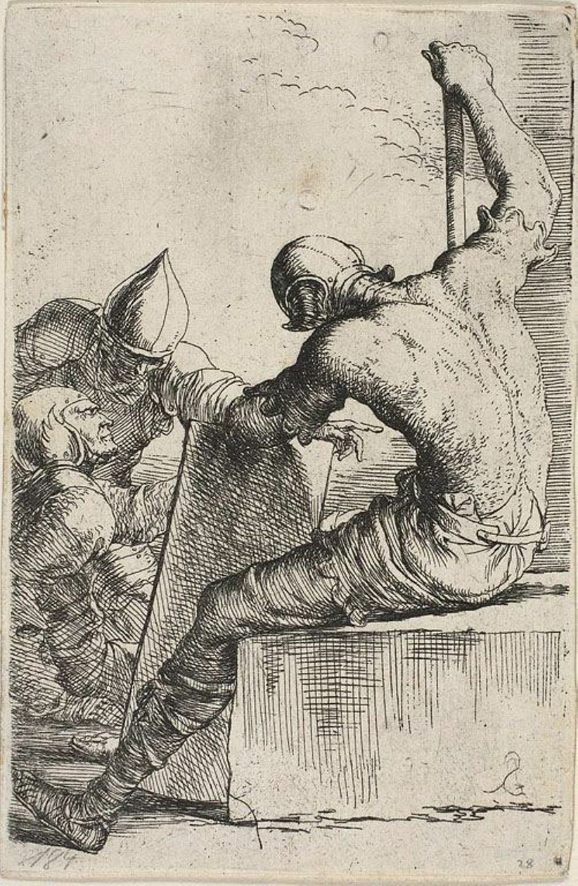 Válečník sedící na bloku v popředí, drží štít a hůl a otáčí se směrem ke dvěma válečníkům za sebou, ze série Figurka od Salvator Rosa