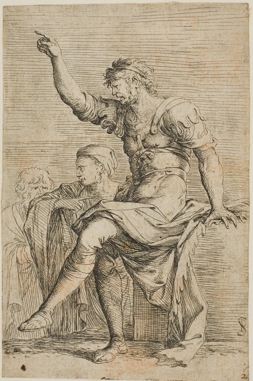 Válečník sedí na bloku a gestikuluje; za ním jsou dvě postavy ze série Figurka od Salvator Rosa