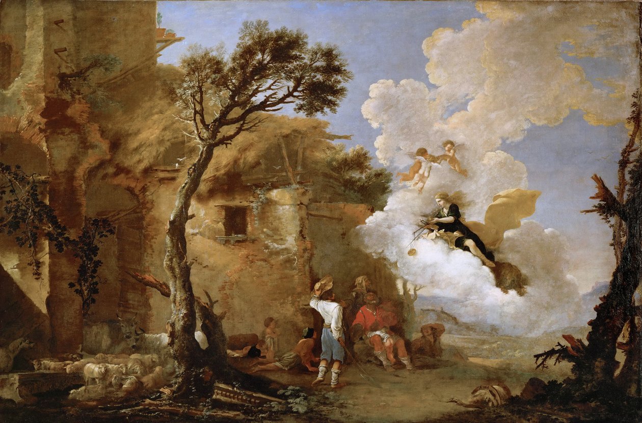 Astree (Astrape) quittant les bergers - Návrat Astraea, Rosa, Salvatore (1615-1673). Olej na plátně, cca 1640-1645. Rozměr: 139,5 x 209 cm. Uměleckohistorické muzeum, Vienne od Salvator Rosa