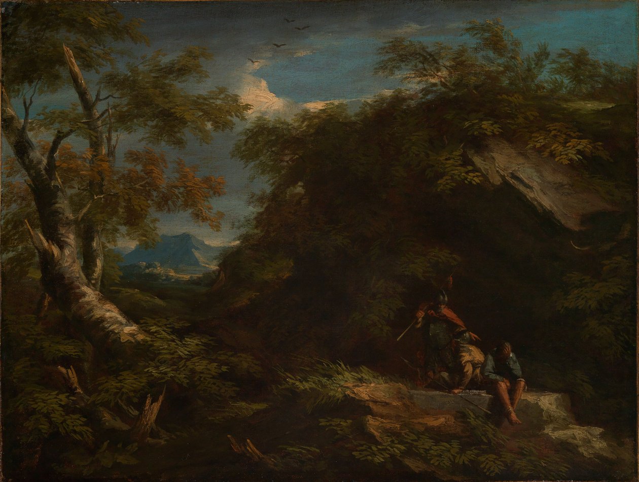 Hornatá lesní krajina s odpočívajícími válečníky od Salvator Rosa