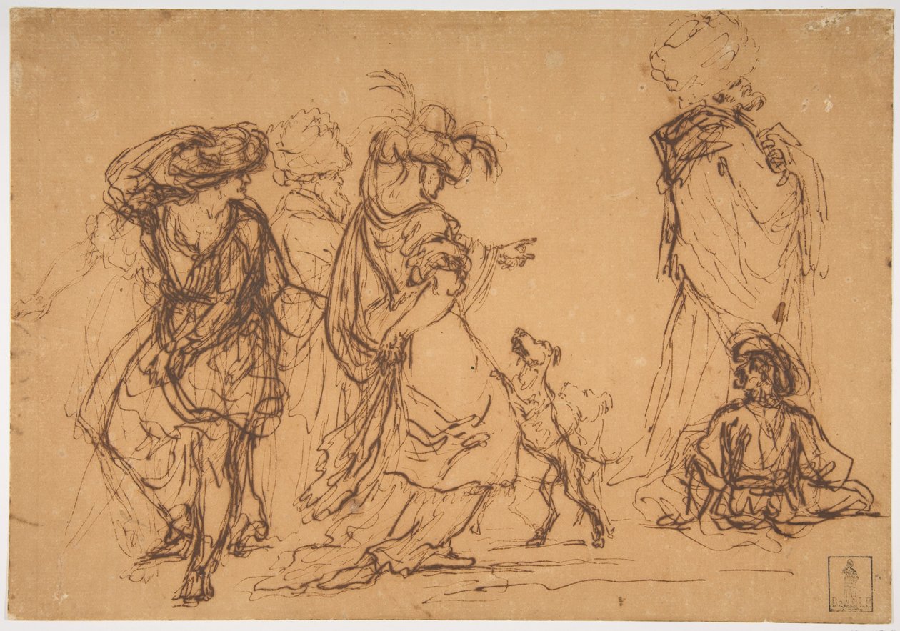 Fünf Figuren in fantastischen Kostümen mit zwei Hunden od Salvator Rosa
