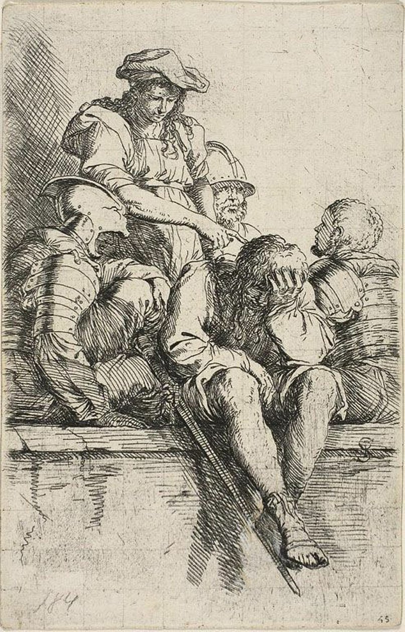 Čtyři válečníci a stojící mladík, který ukazuje dolů na jednoho z nich, ze série Figurka od Salvator Rosa