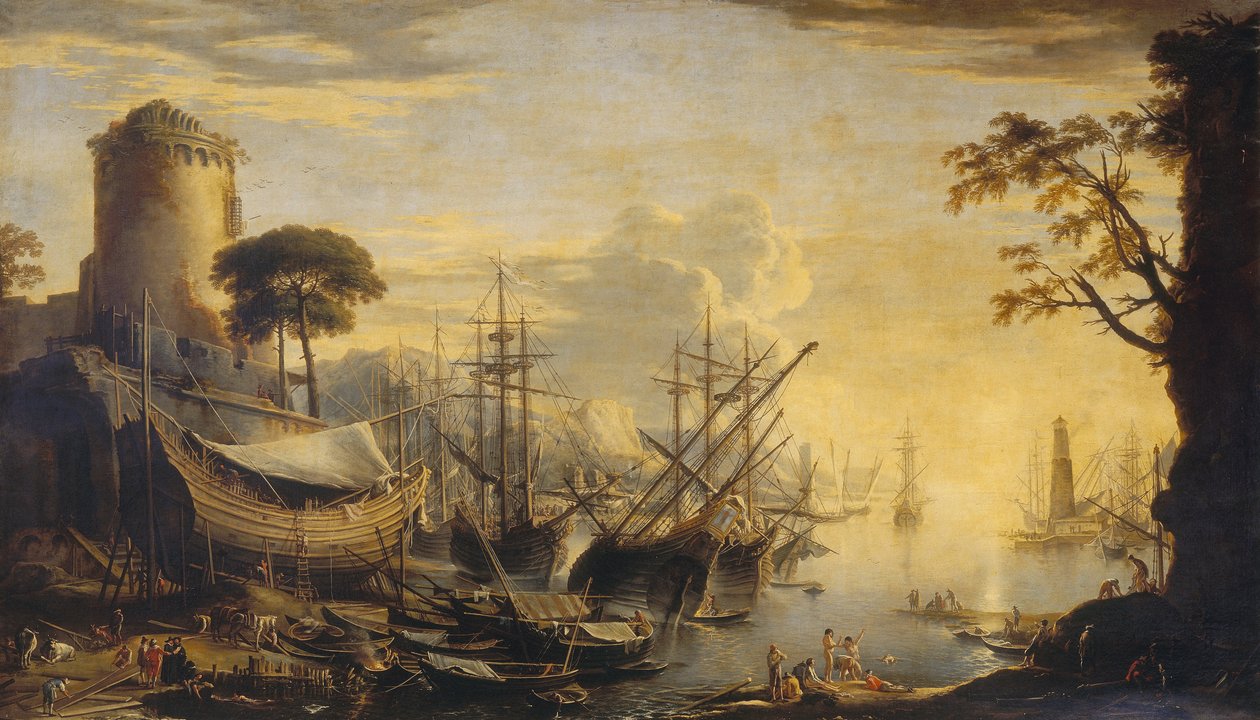 Přístav při západu slunce od Salvator Rosa