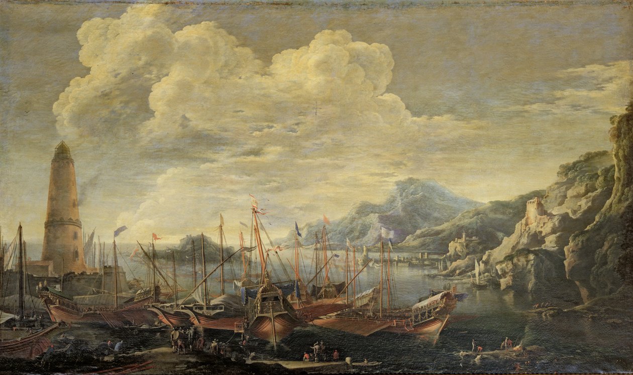 Přístav s majákem a loděmi od Salvator Rosa
