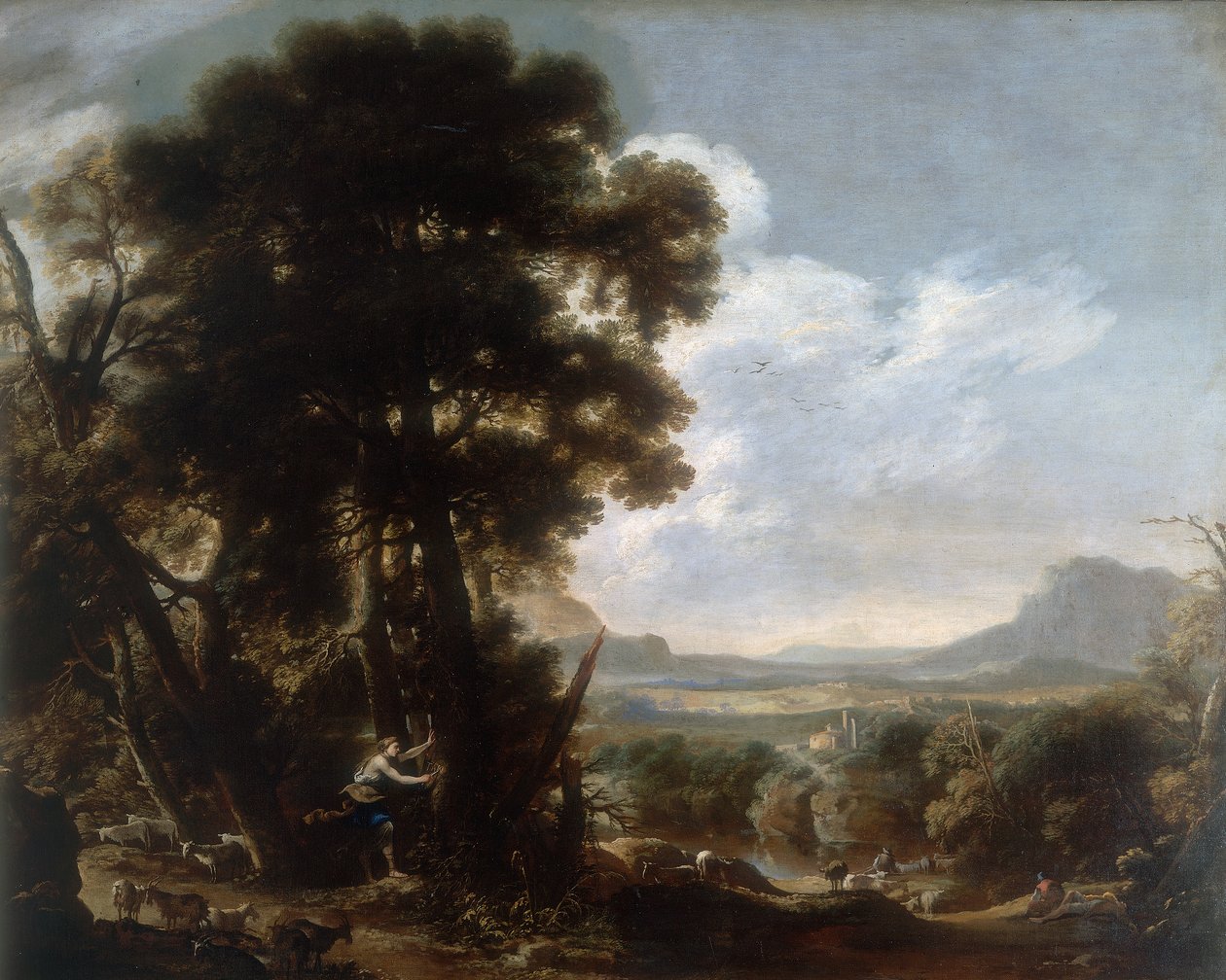 Hermina vyřezává jméno Tancredi na strom, dílo Salvatore Rosa, konzervované v Galleria Estense v Modeně od Salvator Rosa
