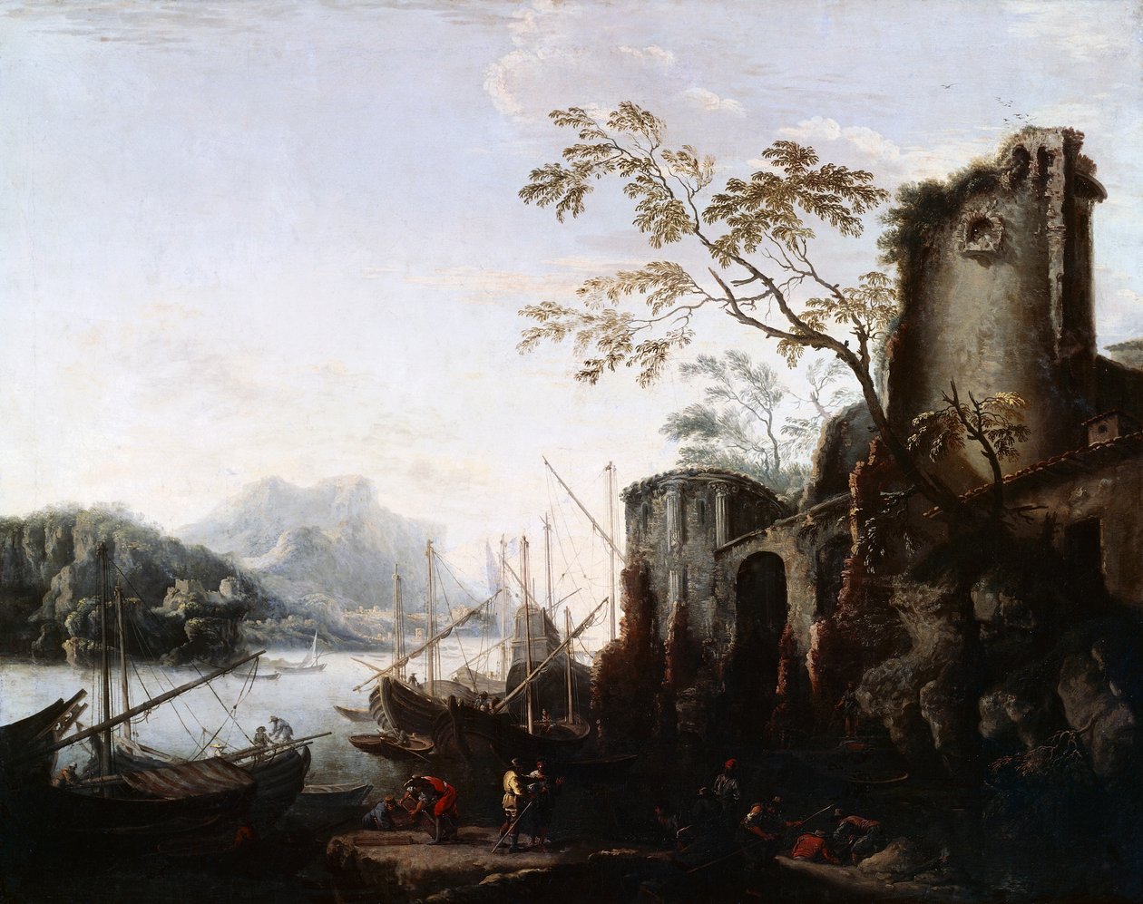 Mořská krajina s věžemi s loděmi a ruinami (Mořská krajina s věžemi), c.1645, od Salvator Rosa