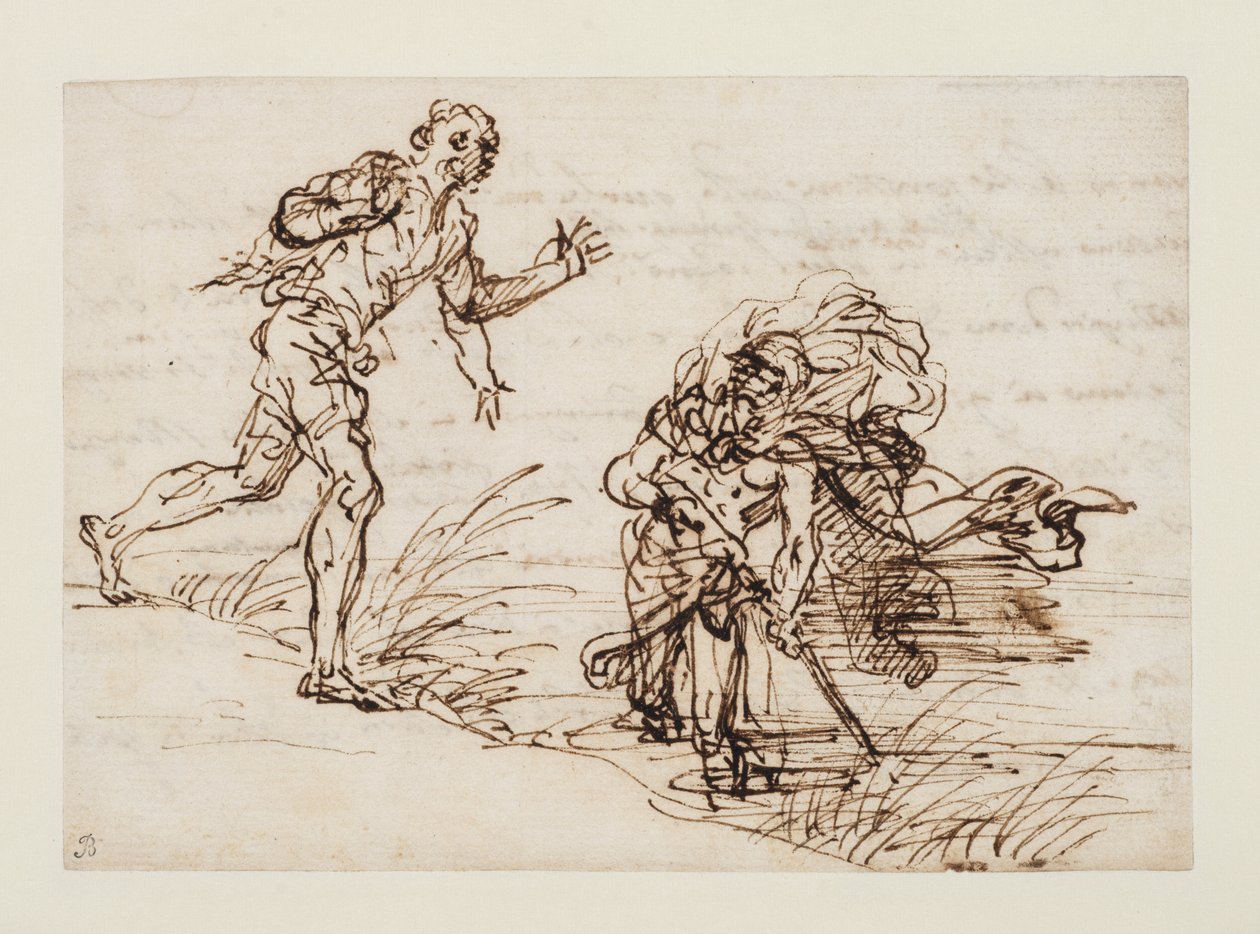 Merkur a nepoctivý dřevorubec (recto), asi 1655-1659 (pero a hnědá tuš na křídovém papíře) od Salvator Rosa