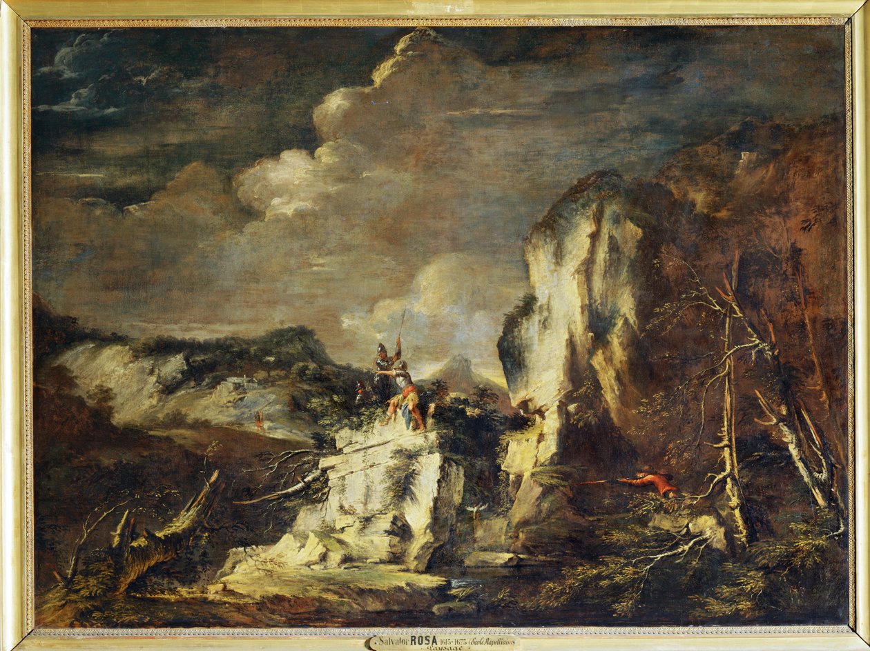 Skalnatá krajina s lovcem a bojovníky - Skalnatá ... od Salvator Rosa