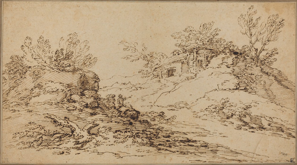 Skalnatá krajina s rustikálním domem od Salvator Rosa